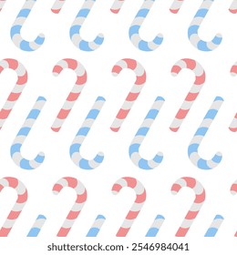 Candy cane. Upside down sweets. Seamless vector pattern. Endless Christmas ornament of striped colorful lollipops. Isolated colorless background. Flat style. Idea for web design.