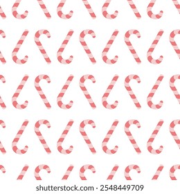 Candy cane. Upside down sweets. Repeating vector pattern. Seamless Christmas ornament of striped red and pink lollipops. Isolated colorless background. Flat style. Idea for web design.