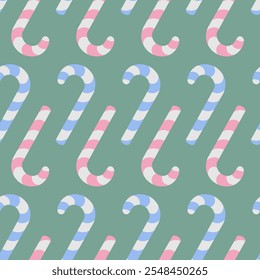 Candy cane. Upside down sweets. Endless vector pattern. Seamless Christmas ornament of striped colorful lollipops. Isolated green background. Flat style. Idea for web design.