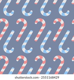 Candy cane. Upside down sweets. Seamless vector pattern. Endless Christmas ornament of striped multicolored lollipops. Isolated blue background. Flat style. Idea for web design.