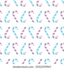 Candy cane. Upside down sweets. Repeating vector pattern. Continuous Christmas ornament of striped blue and purple lollipops. Isolated colorless background. Flat style. Idea for web design.