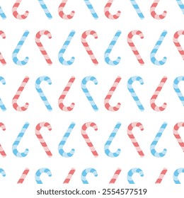 Candy cane. Upside down sweets. Repeating vector pattern. Continuous Christmas ornament of striped multicolored lollipops. Isolated colorless background. Flat style. Idea for web design.