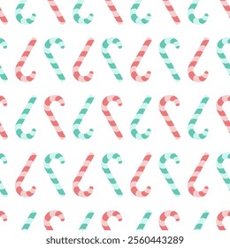 Candy cane. Upside down sweets. Repeating vector pattern. Continuous Christmas ornament of striped red and green lollipops. Isolated colorless background. Flat style. Idea for web design.