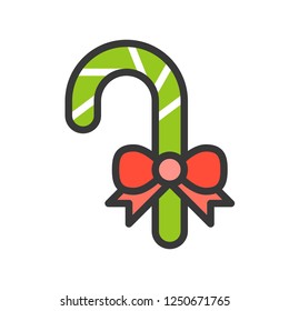 Candy cane vector, Christmas related filled design icon, editable outline