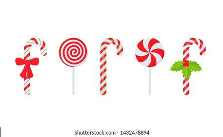 Candy cane. Vector. Christmas stick and round swirl candies icon. Peppermint lollipop symbol isolated on white background in flat design. Cartoon illustration. Striped traditional noel desserts.