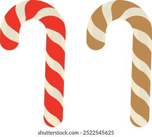 Candy Cane Vektor flache Icon Design. Weihnachtsbonbons. Weihnachtsstock. Traditionelle Weihnachtsbonbons mit roten, braunen und weißen Streifen. Weihnachtskaramelll mit gestreiftem Muster. Vektorgrafik