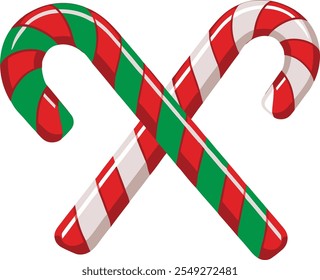 Candy Cane Vector Flat Icon. Christmas candy canes. Christmas stick. Traditional Christmas candy with red, green, and white stripes. Santa caramel cane. Vibrant striped candy cane isolated.
