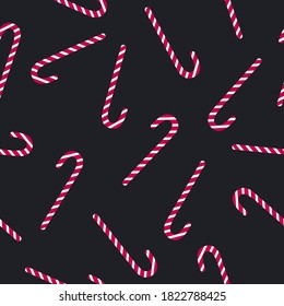 Candy cane Vector seamless pattern in flat design Traditional Christmas striped red-white candies on dark background
