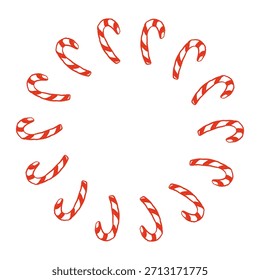 Bastones de caramelo dispuestos en un marco circular Navidades de borde redondo dibujadas a mano festivas naive doodle crayón elemento de diseño, decoración del partido, Plantilla de invitación, Ilustración vectorial de fondo transparente