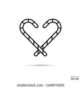 Candy canes arranged in heart shape vector line icon. Sweet food symbol.