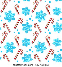 Candy canes, blue openwork snowflakes and small circles on a white background. Vector seamless pattern for festive design, Christmas and New Year wallpaper, banner, gift wrapping, packaging or wrapper