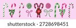 Candy canes with bows, lollipops sweets clipart set. Christmas candy canes on pink background. Vector design for greeting cards, decor and banners