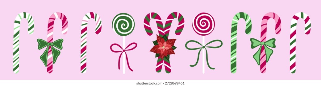 Bastones de caramelo con arcos, piruletas dulces Clipart conjunto. Navidades bastones de caramelo sobre fondo rosa. Diseño de Vector para tarjetas de felicitación, decoración y Anuncios