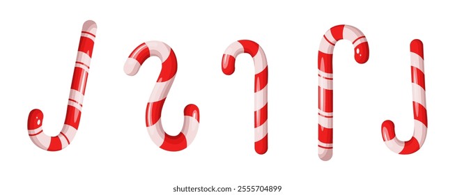 Candy canes Christmas holiday treats flat color vector objects set. New year festive atmosphere with dessert illustrations bundle on white