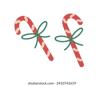 Candy canes. Christmas peppermint sticks, sweet Xmas dessert. Holiday confection, striped candycane with string bow. Winter caramel snack. Flat vector illustration isolated on white background