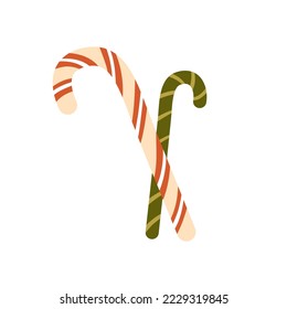 Candy canes, Christmas sugar sticks. Xmas peppermint lollipops. Sweet holiday dessert, hard lollypops. Festive candycanes, traditional treat. Flat vector illustration isolated on white background