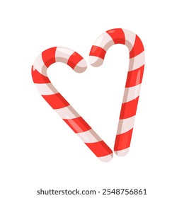 Candy canes Christmas sweets in heart shape isolated on white background.