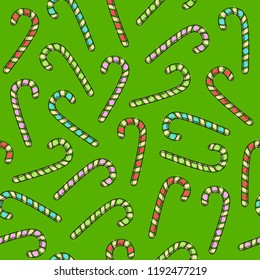 Candy canes colorful seamless pattern. Christmas new year festive background. Sweets texture. Sketch style