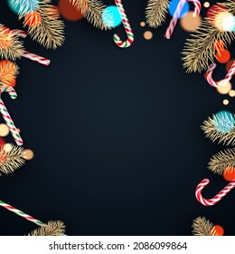 Candy canes with fir branches frame on black background with bokeh lights. For cards, invitation, flyer, leaflet. Space for text. Vector holiday illustration.
