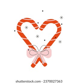 Candy canes forming a heart shape. Christmas sugar stick. Xmas peppermint lollipop isolated on white. Sweet holiday dessert. vector illustration. Traditional gift. Flat trendy abstract style.