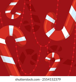 Candy canes and garlands on red background Vector