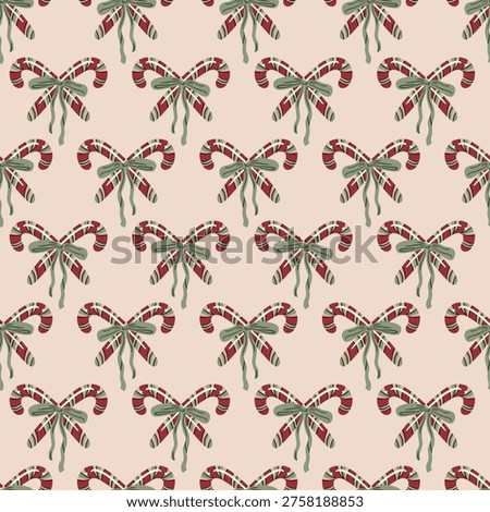 Candy Canes with Green Bows Vector Seamless Pattern