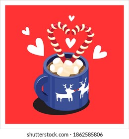 Candy canes heart on Merry Christmas festive drink illustration. Vector isometric of hot chocolate drink  in red mug with cute festive pattern. Cozy Christmas concept 
