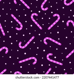 candy canes holiday seamless pattern on dark background, vector illustration with sweet striped cane for halloween or christmas, flat style