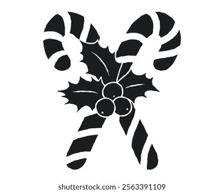 Candy canes with holly berries and leaves. Black silhouette illustration isolated on white background. Christmas decoration concept for design and print.