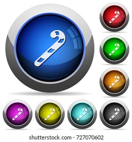 Candy canes icons in round glossy buttons with steel frames