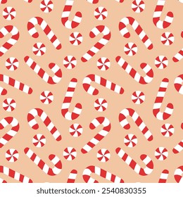 Candy canes and lollipop seamless pattern. Christmas Winter design. Vector flat illustration.