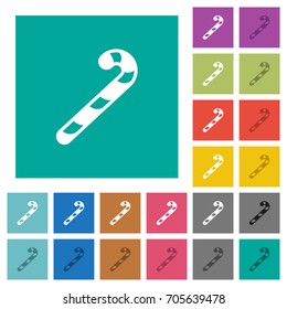 Candy canes multi colored flat icons on plain square backgrounds. Included white and darker icon variations for hover or active effects.