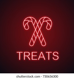 Candy canes neon light icon. Christmas treats glowing sign. Vector isolated illustration