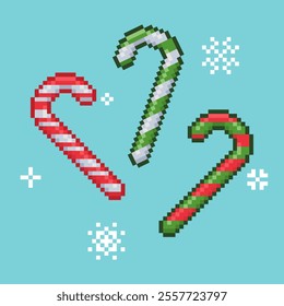 Candy canes on blue background Pixel art. Design element for Christmas, New Year or birthday party. Sweetmeats vector illustration.