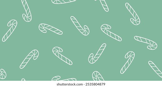 Candy canes outlines seamless pattern on mint green, doodle style vector