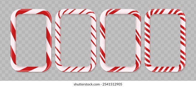 Candy canes rectangular frames set. Christmas striped seamless borders.