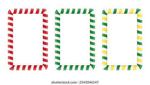 Candy canes rectangular frames set. Christmas striped seamless borders.