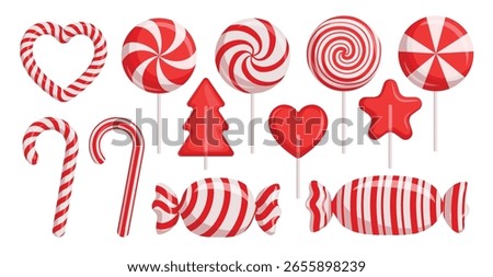 Candy canes red clipart set. Candy cane, lollipop and peppermint candy clip art collection with shape and pattern like spiral, stripes, swirl, pine tree, heart and star for Christmas holiday sweet 