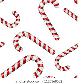 Candy canes. Red white striped candy. Seamess pattern.