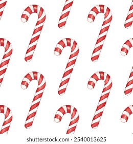 Candy canes repeating pattern vector design. Red and white candy cane with diagonal stripes. Christmas and festive decoration, traditional sweets seamless print design.