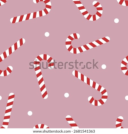 Candy canes, seamless pattern. Endless Christmas background, festive print with sweet Xmas confectionery. Repeating flat vector illustration for winter holiday wrapping, New Year textile, decoration