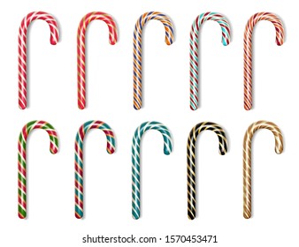 Candy canes set. Realistic stock illustration for decorating greeting cards and gifts. White isolated background.Vector.
