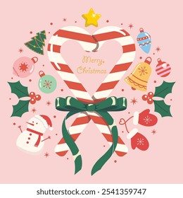 Candy canes in the shape of heart with green ribbon design. Merry Christmas and Happy New Year decorative.