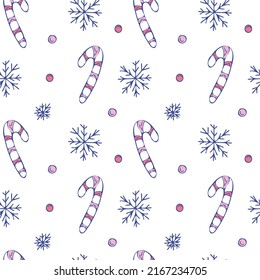 Candy canes and snowflakes on a white background. Christmas seamless vector pattern in doodle style. Happy New Year! Hand drawn design for textile, fabric or wrapping paper