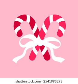 Candy canes tied with a bow. Christmas flirty illustration on a pink background. Coquette core print