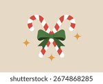 candy canes tied with a green bow and golden stars, Christmas decoration symbol, vector flat illustration