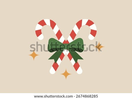 candy canes tied with a green bow and golden stars, Christmas decoration symbol, vector flat illustration