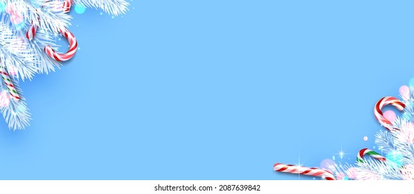 Candy canes with white fir branches frame on blue background with bokeh lights. For cards, invitation, flyer, leaflet. Space for text. Vector holiday illustration.