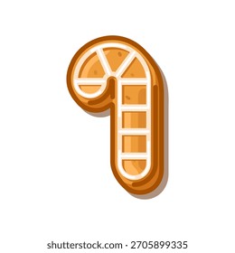 Galleta de jengibre en forma de bastón de caramelo con decoración de glaseado blanco, aislada sobre fondo blanco