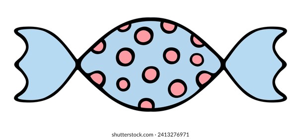 Candy. Caramel in a blue wrapper with a pattern of pink circles. Color vector illustration. Isolated background. Cartoon style. Delicious lollipop. Idea for web design.